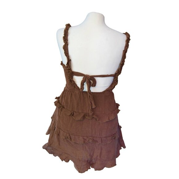 OLIVACEOUS Tiered Mini Dress Ruffled Saddle Brown Sz Medium Bohemian Western - Picture 4 of 7